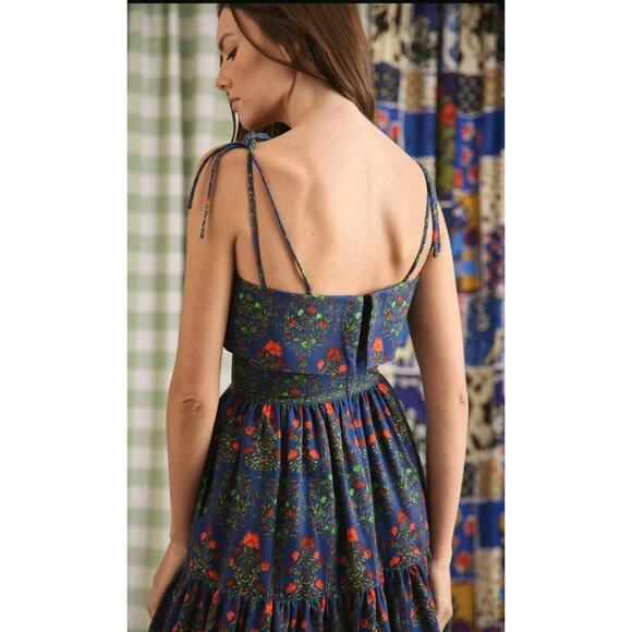 Hunter Bell Midnight Garden Midi Dress Size 8 Blue Floral Tiered Tie Strap - Picture 3 of 10
